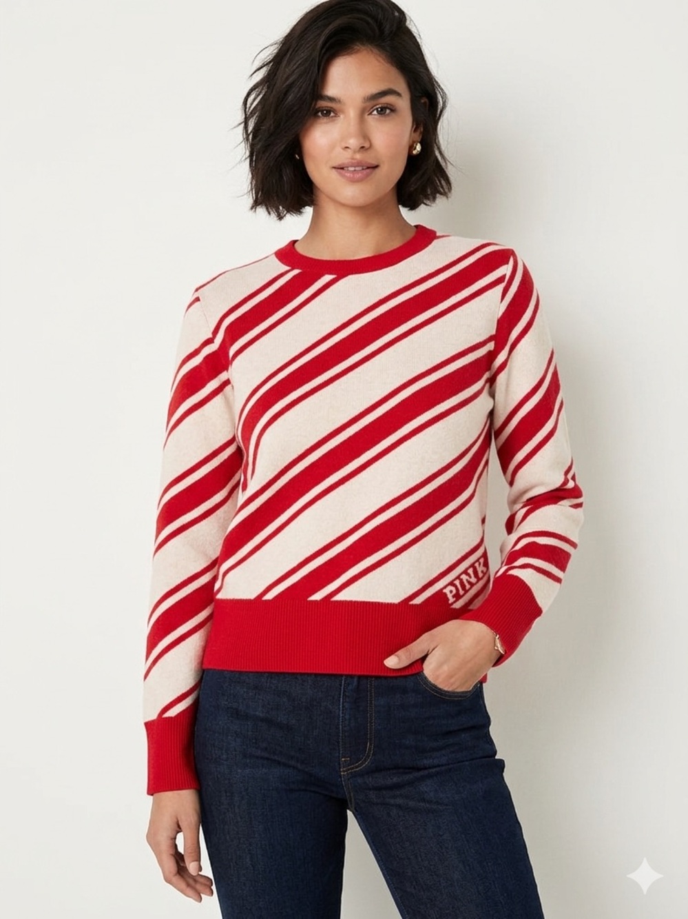 Victoria's Secret Contemporary PINK Red and Cream Vintage Inspired Crew Y2K
